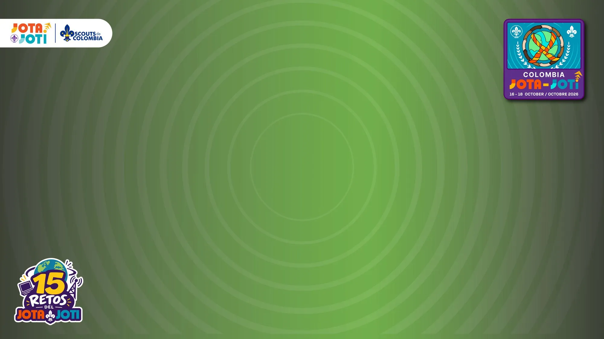 Fondo verde con ondas de radio, la insignia 2026 arriba a la derecha y el logo de los 15 retos abajo a la izquierda.