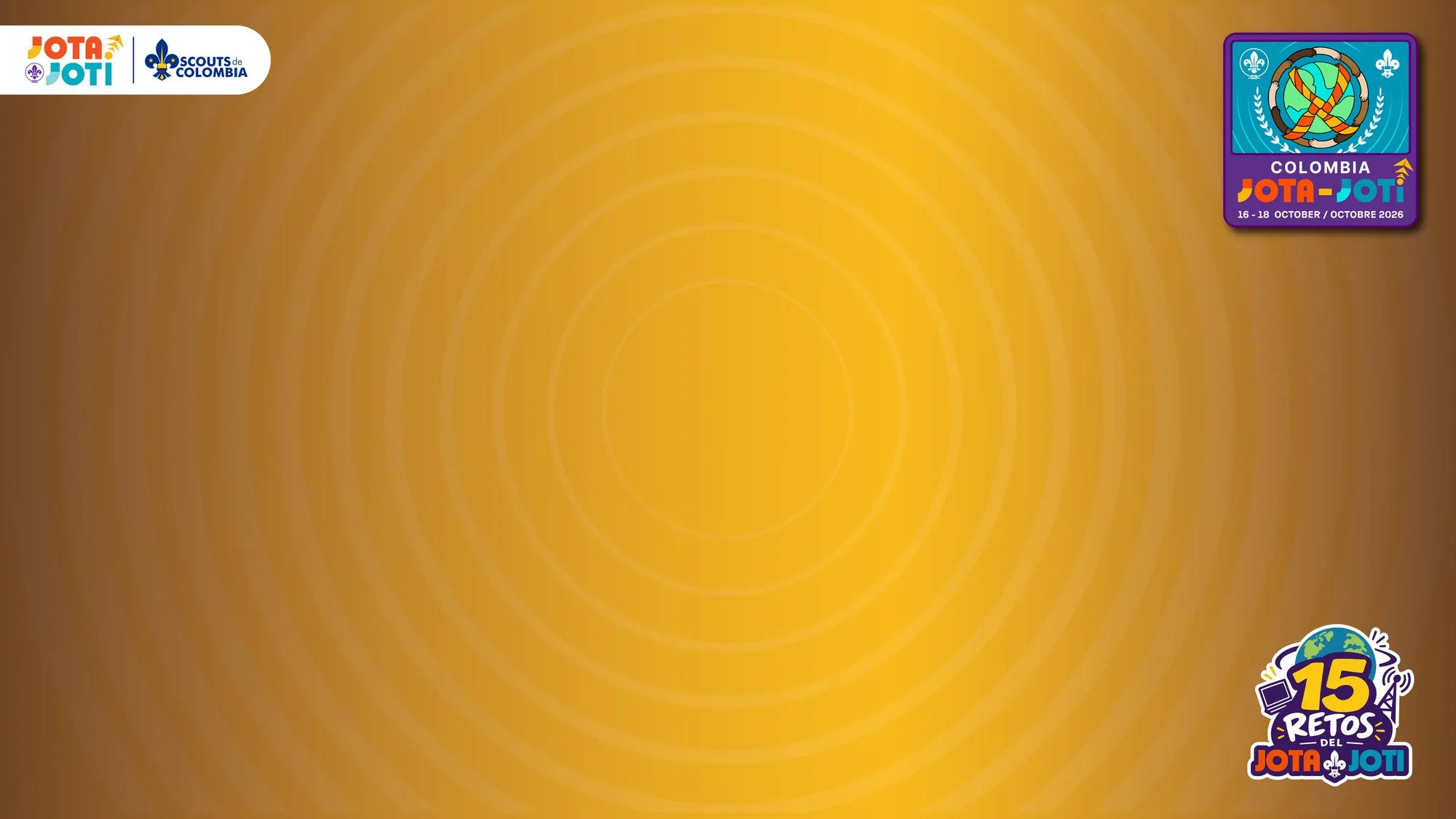 Fondo amarillo con ondas de radio, la insignia 2026 arriba a la derecha y el logo de los 15 retos abajo a la derecha.